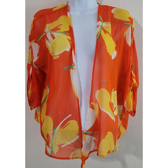 Tea N Rose Orange Floral Open Front Sheer Kimono Medium Roll Tab Sleeves Soft - Picture 1 of 5